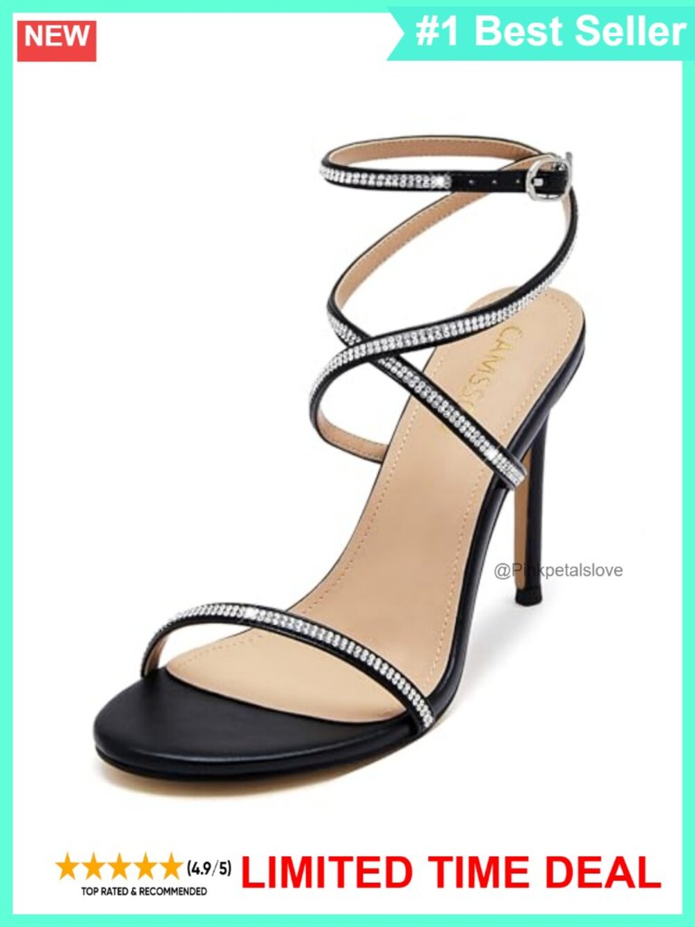 Faux Leather Rhinestone Stiletto Heeled Sandals Open Toe Buckle Ankle Strap